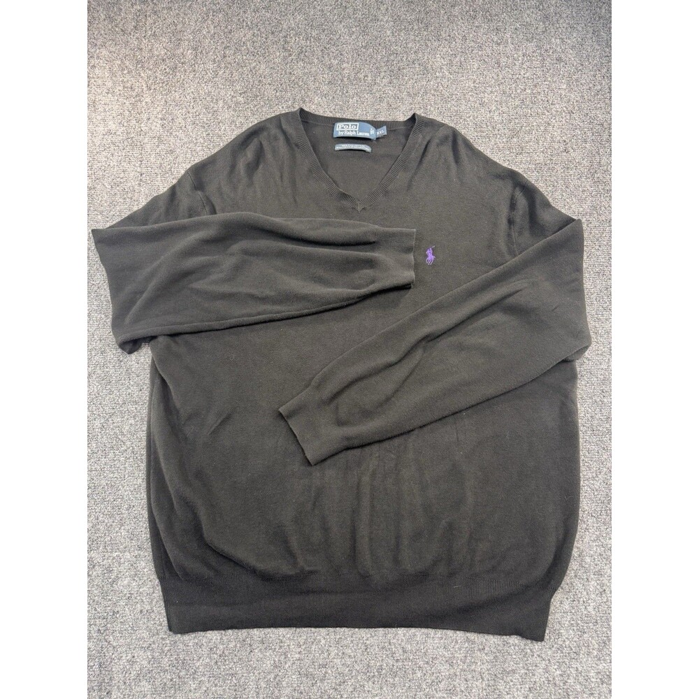 Polo Ralph Lauren Black V-Neck Sweater Mens XXL 100% Pima Cotton Purple Pony